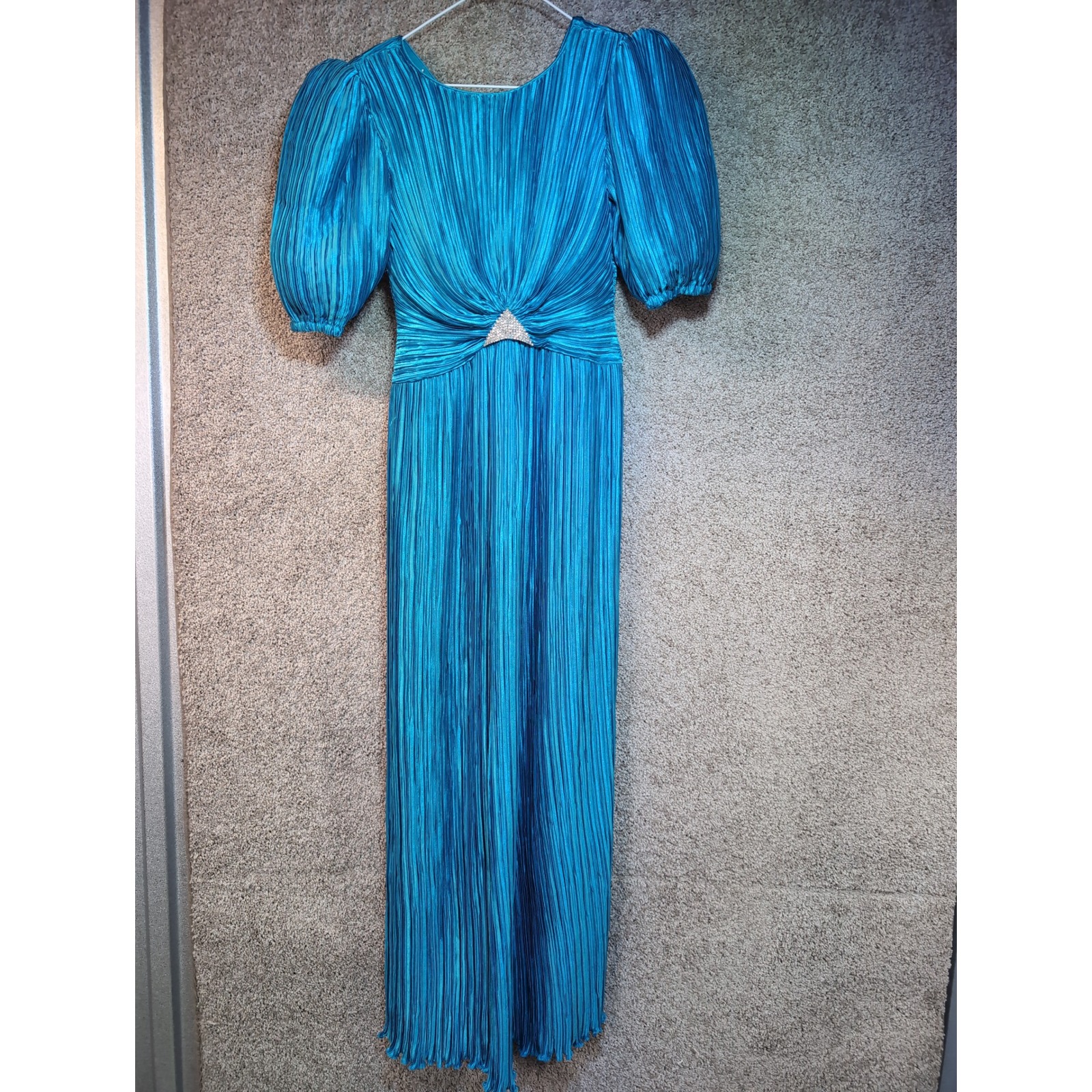 Lillie Rubin George F Couture Teal Pleated Ruched Rhinestone Formal Gown Size 4